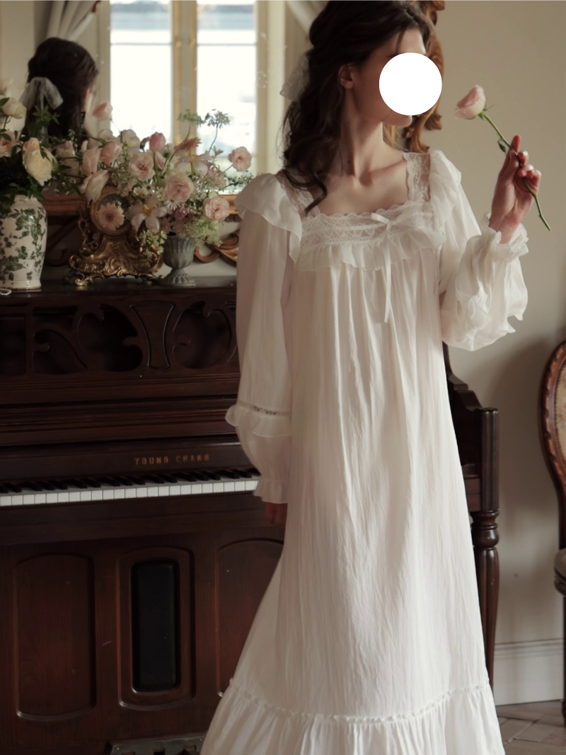 White Square Neck Ruffled Pajamas Gown Puff Sleeve Vintage Soft Sleep Wear