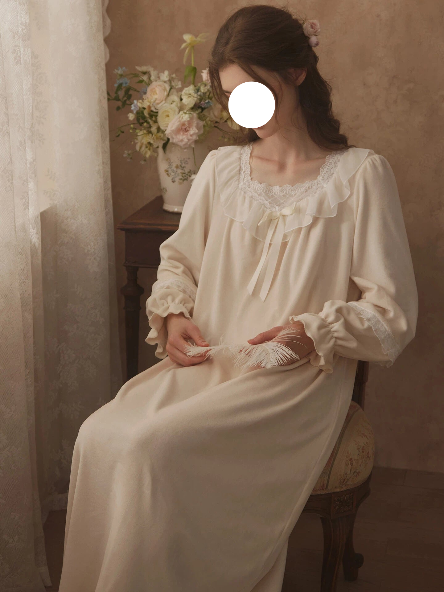 Apricot Pink Lantern Sleeve Fleece Pajamas Soft Warm Loungewear for Winter