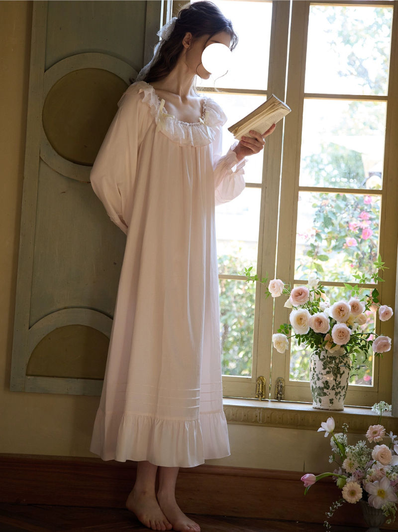 Pink Floral Square Neck Pajamas Gown Ruffled Collar Tuck Sleep Wear for Spring