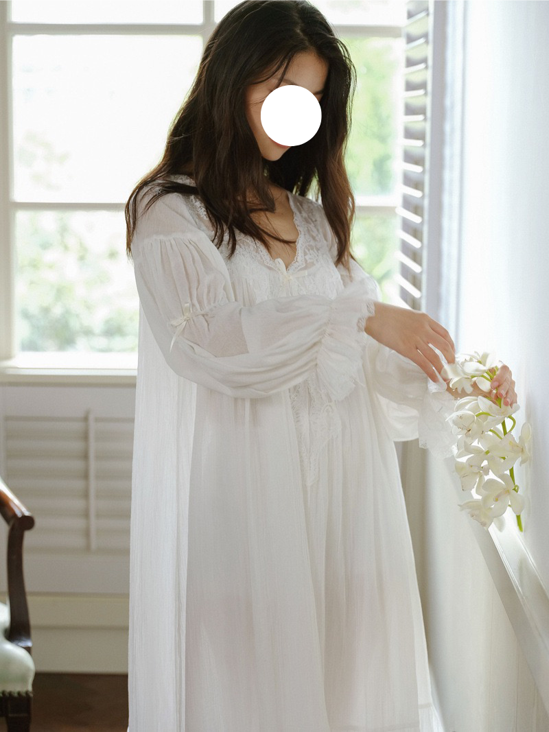 White Pajamas Gown V Neck Puff Sleeve Soft Sleep Wear for Spring Summer