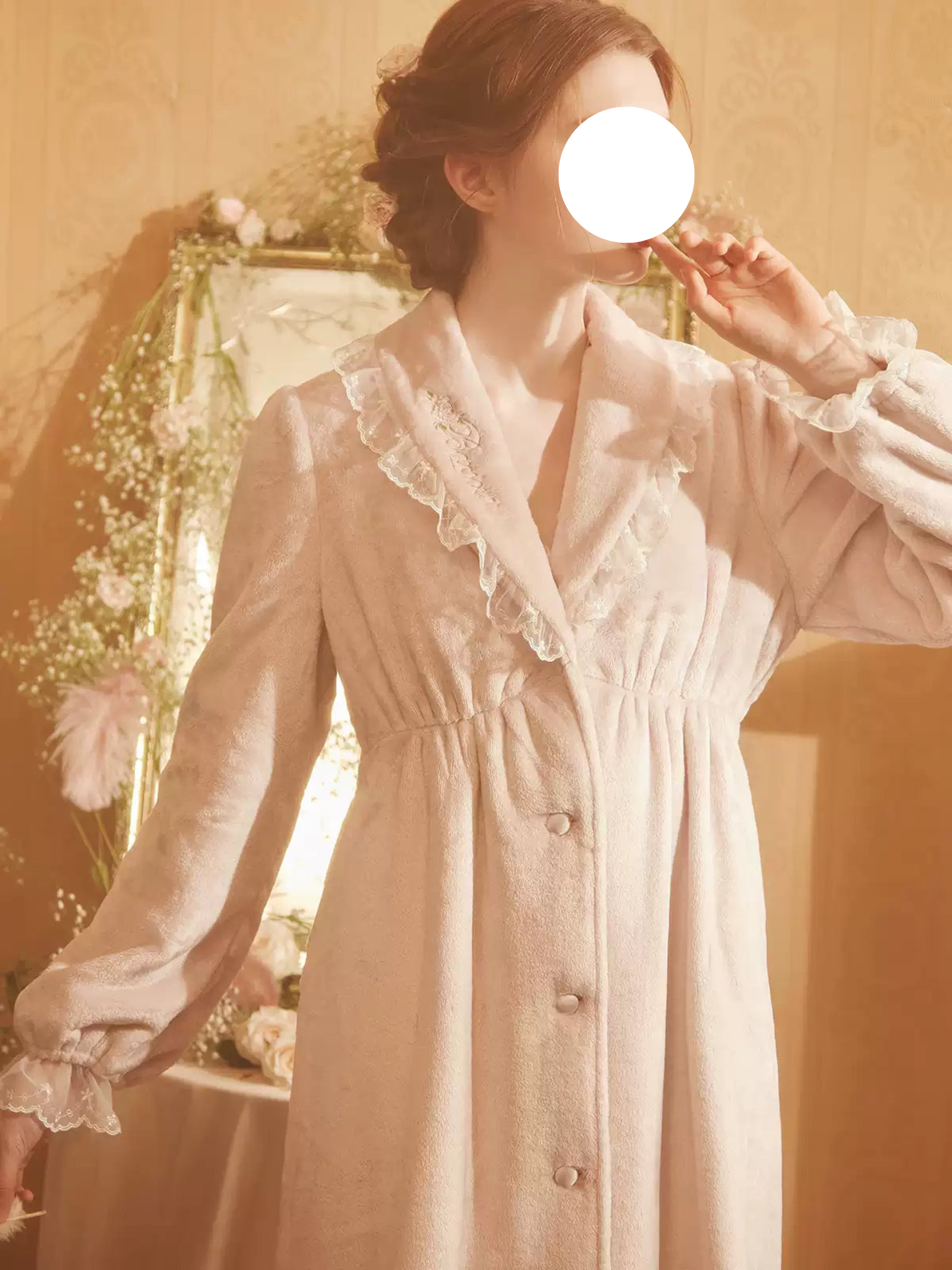 Pink Beige Lace Embroidery Robe Fleece Pajamas Warm Loungewear for Sleep Wear