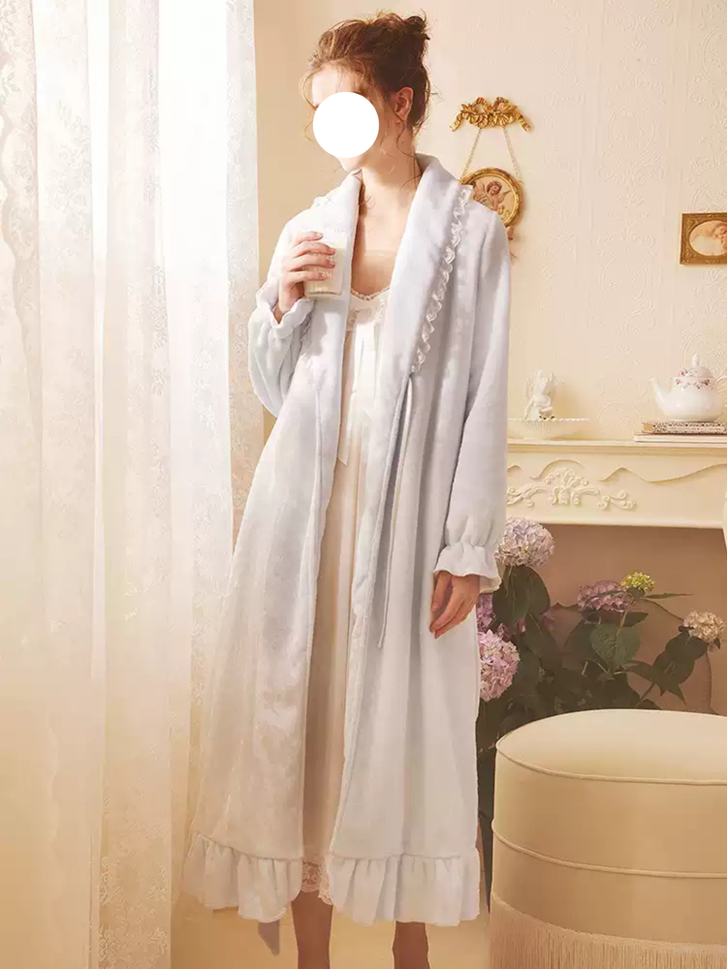 Pink Blue Lace Robe Pajamas Ruffled Hem Lantern Sleeve Winter Loungewear for Home
