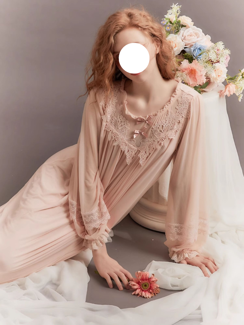 Pink French Round Neck Lace Pajamas Gown Bow Sheer Sleep Wear for Spring