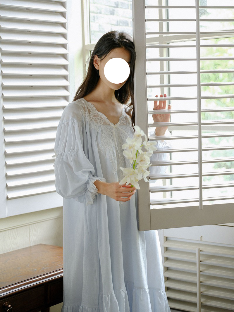 Light Blue Pajamas Gown V Neck Puff Sleeve Soft Sleep Wear for Spring Summer