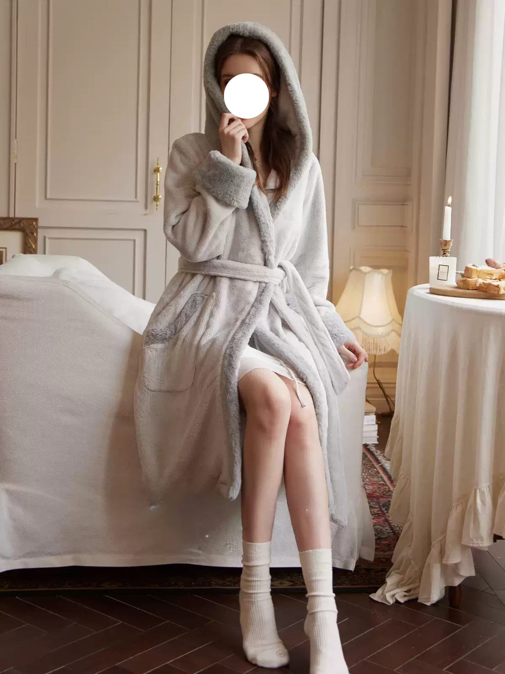 Pink Blue Lace Lapel Flannel Pajamas Robe Ruffled Hem Lantern Winter