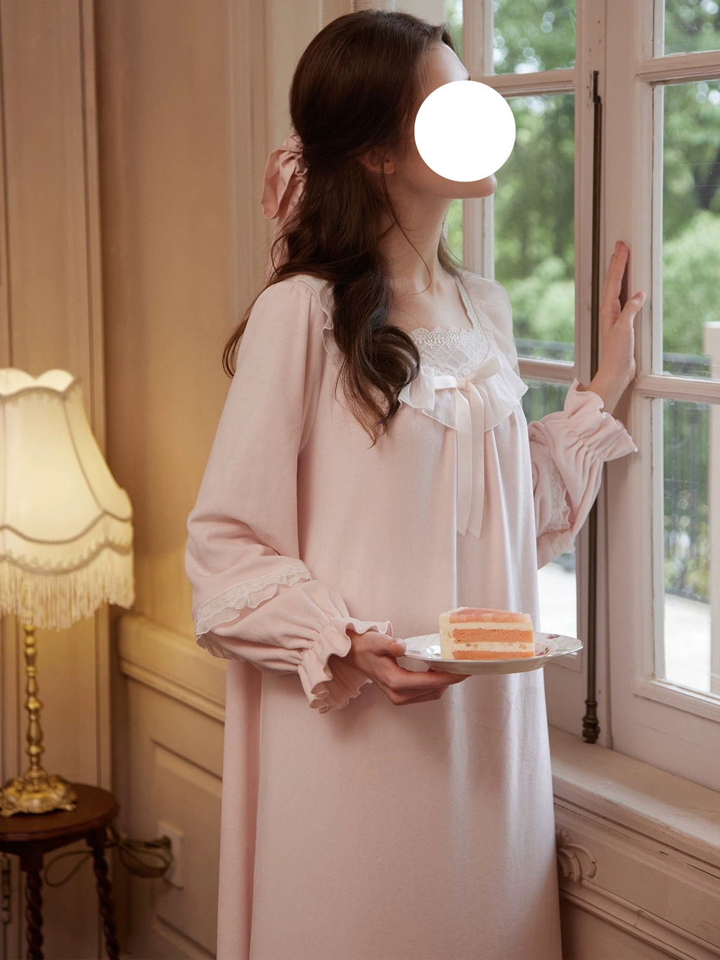 Apricot Pink Lantern Sleeve Fleece Pajamas Soft Warm Loungewear for Winter