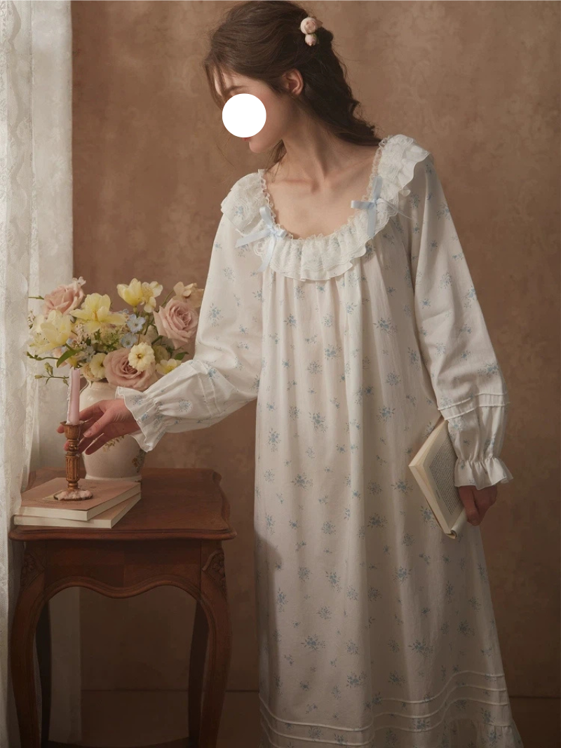 Blue Floral Square Neck Pajamas Gown Ruffled Collar Tuck Sleep Wear for Spring