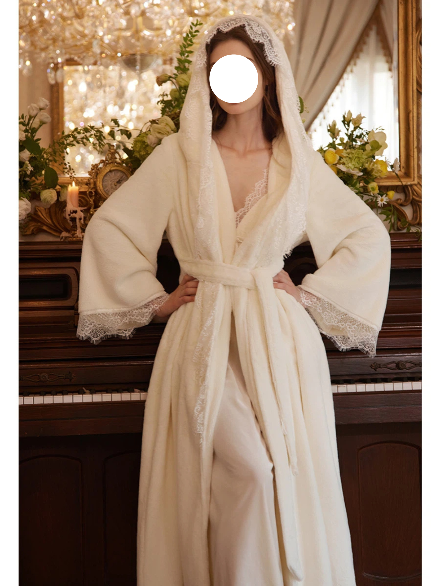 Ivory Lace Hooded Robe Waist Milk Fleece Warm Loungewear for Winter Cozy Home