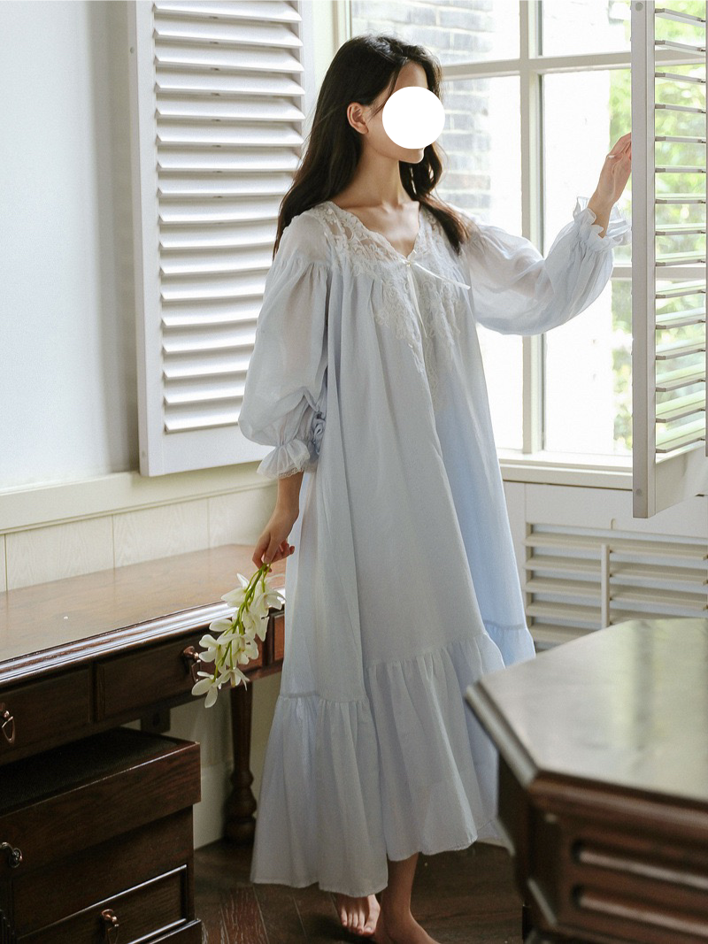 Light Blue Pajamas Gown V Neck Puff Sleeve Soft Sleep Wear for Spring Summer