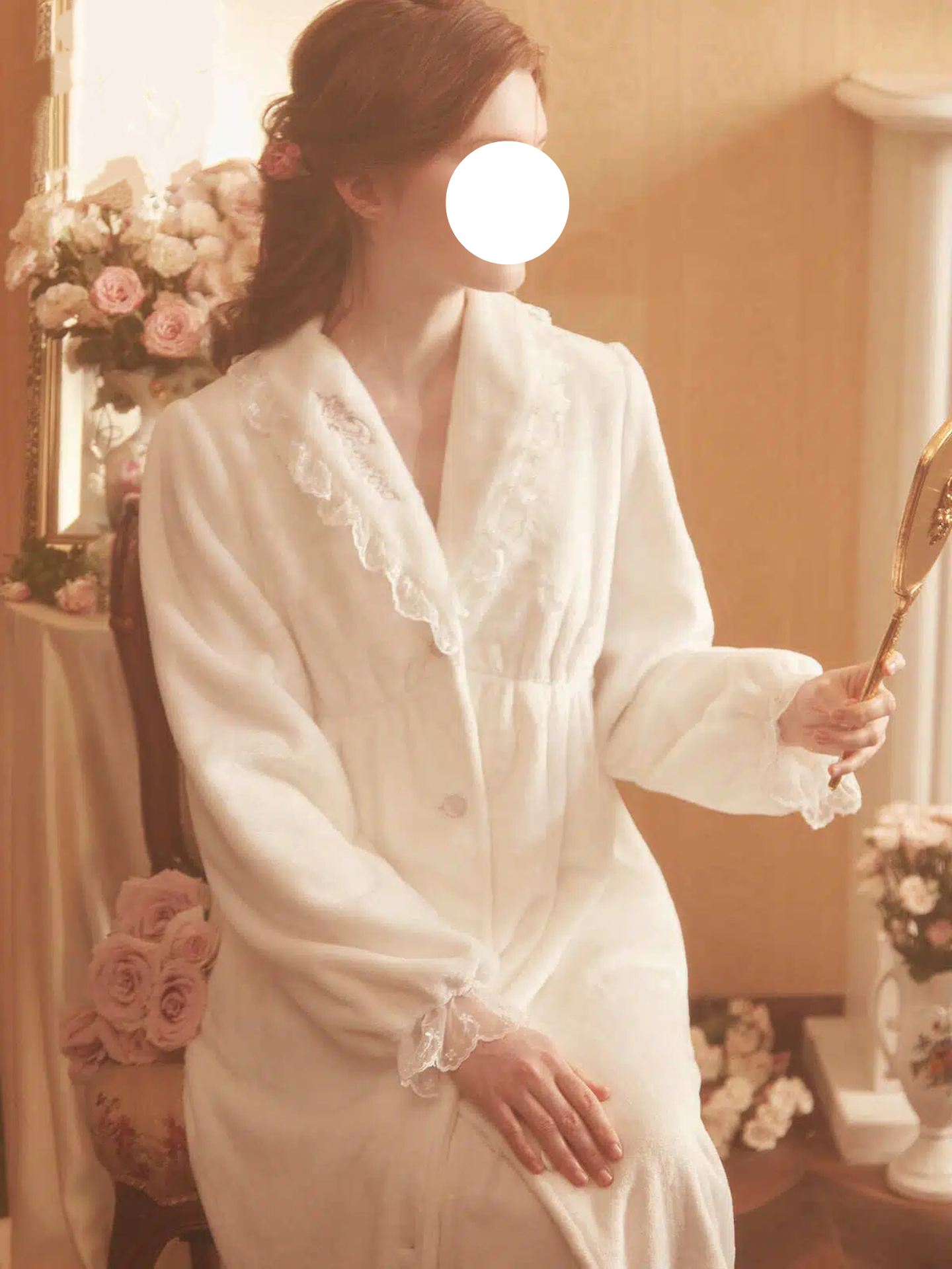 Pink Beige Lace Embroidery Robe Fleece Pajamas Warm Loungewear for Sleep Wear