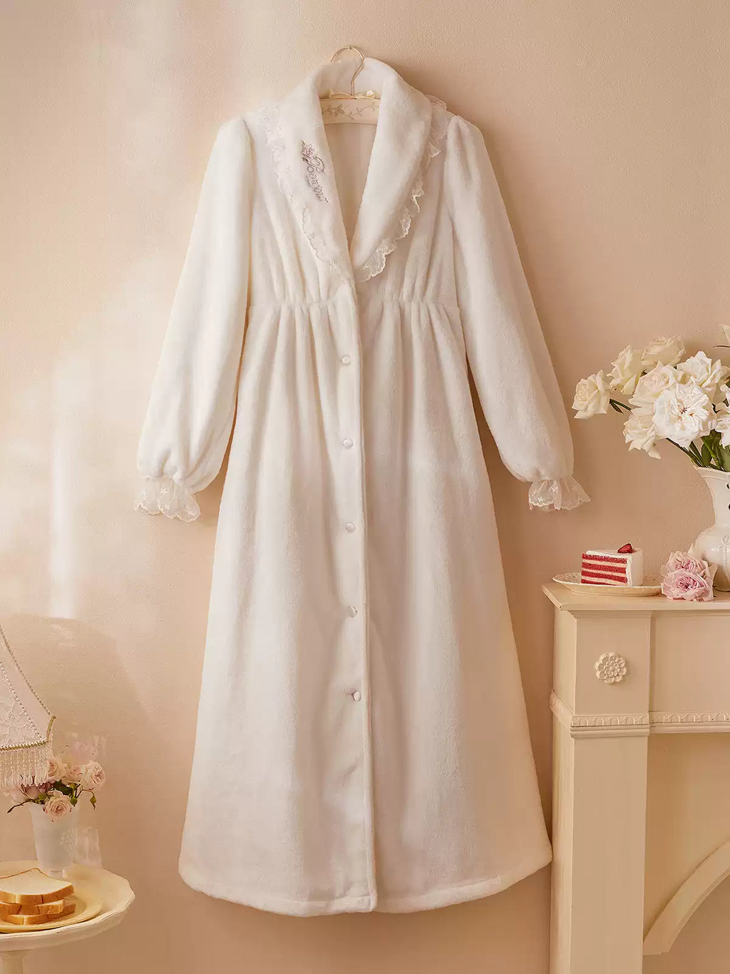 Pink Beige Lace Embroidery Robe Fleece Pajamas Warm Loungewear for Sleep Wear