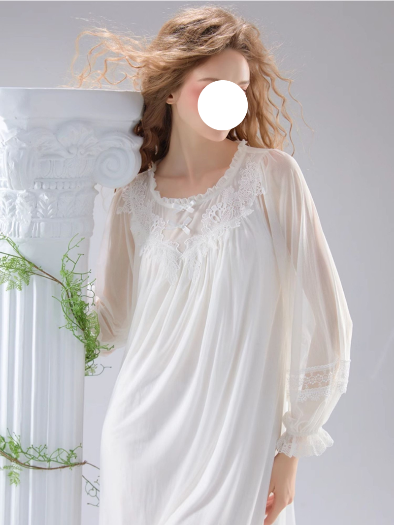 White French Round Neck Lace Pajamas Gown Bow Sheer Sleep Wear for Spring