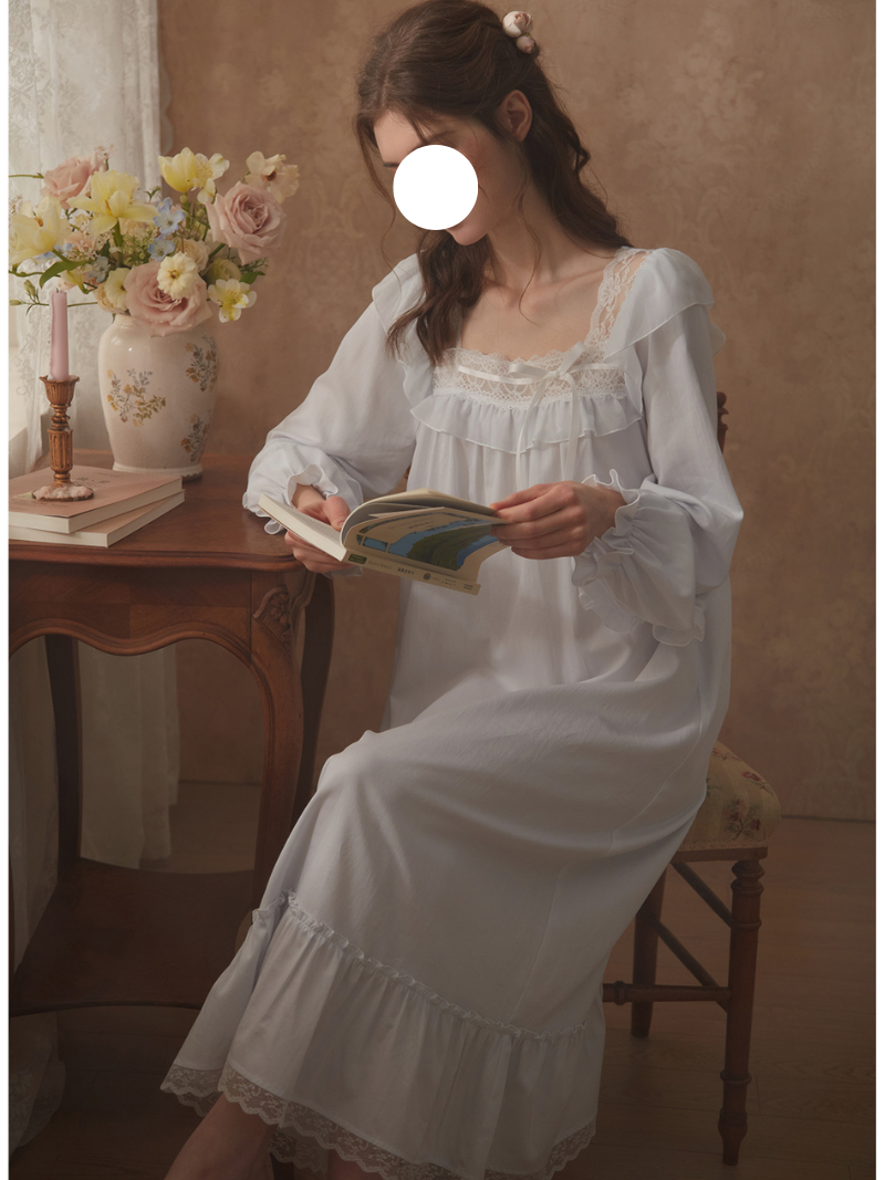 Blue Square Neck Ruffled Pajamas Gown Puff Sleeve Vintage Soft Sleep Wear