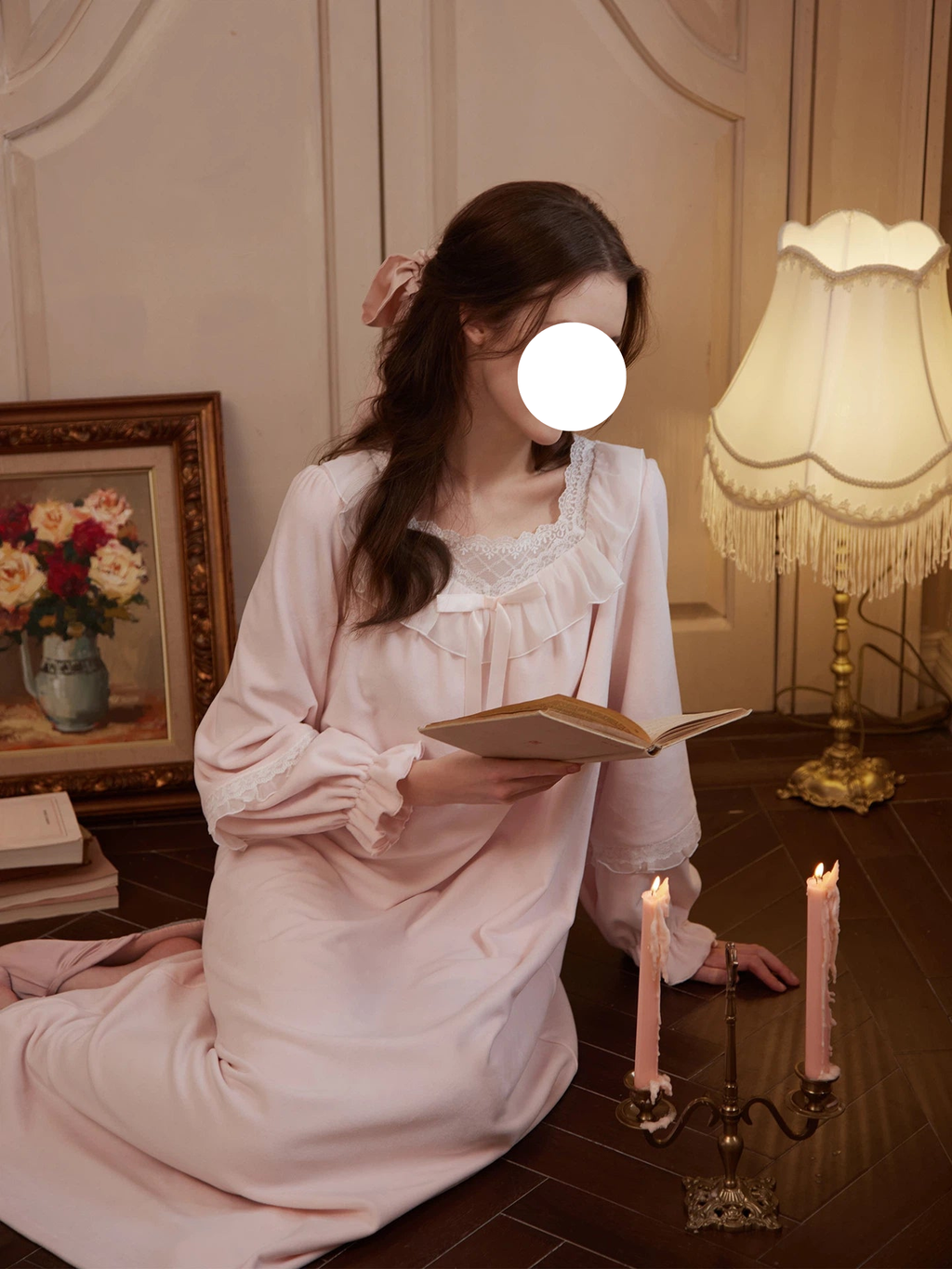 Apricot Pink Lantern Sleeve Fleece Pajamas Soft Warm Loungewear for Winter