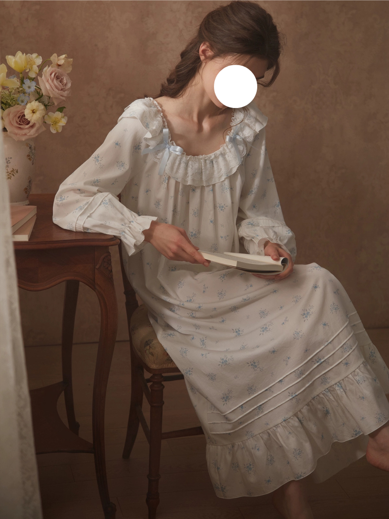 Blue Floral Square Neck Pajamas Gown Ruffled Collar Tuck Sleep Wear for Spring