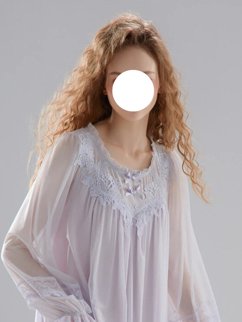 Purple French Round Neck Lace Pajamas Gown Bow Sheer Sleep Wear for Spring