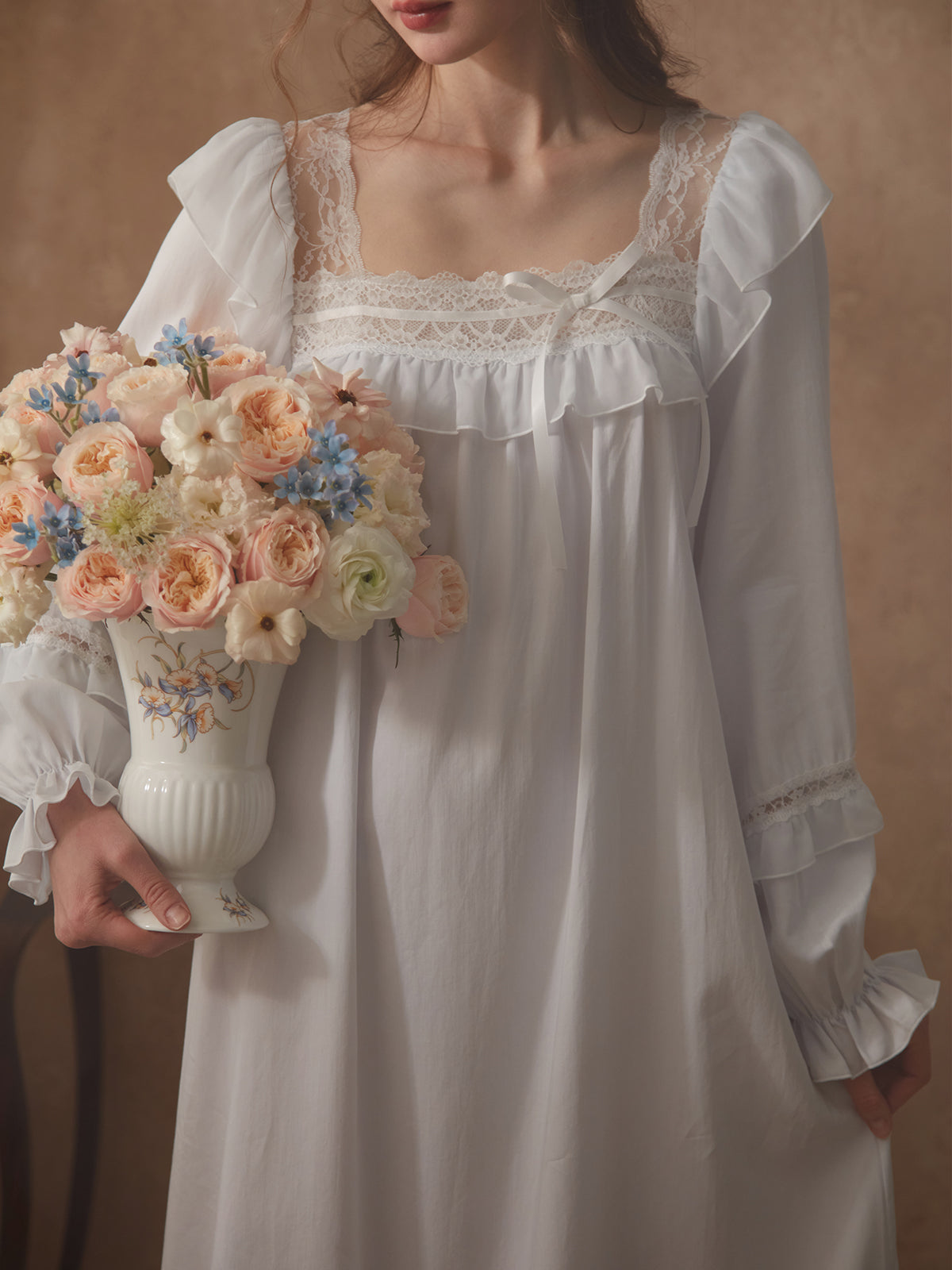 Blue Square Neck Ruffled Pajamas Gown Puff Sleeve Vintage Soft Sleep Wear