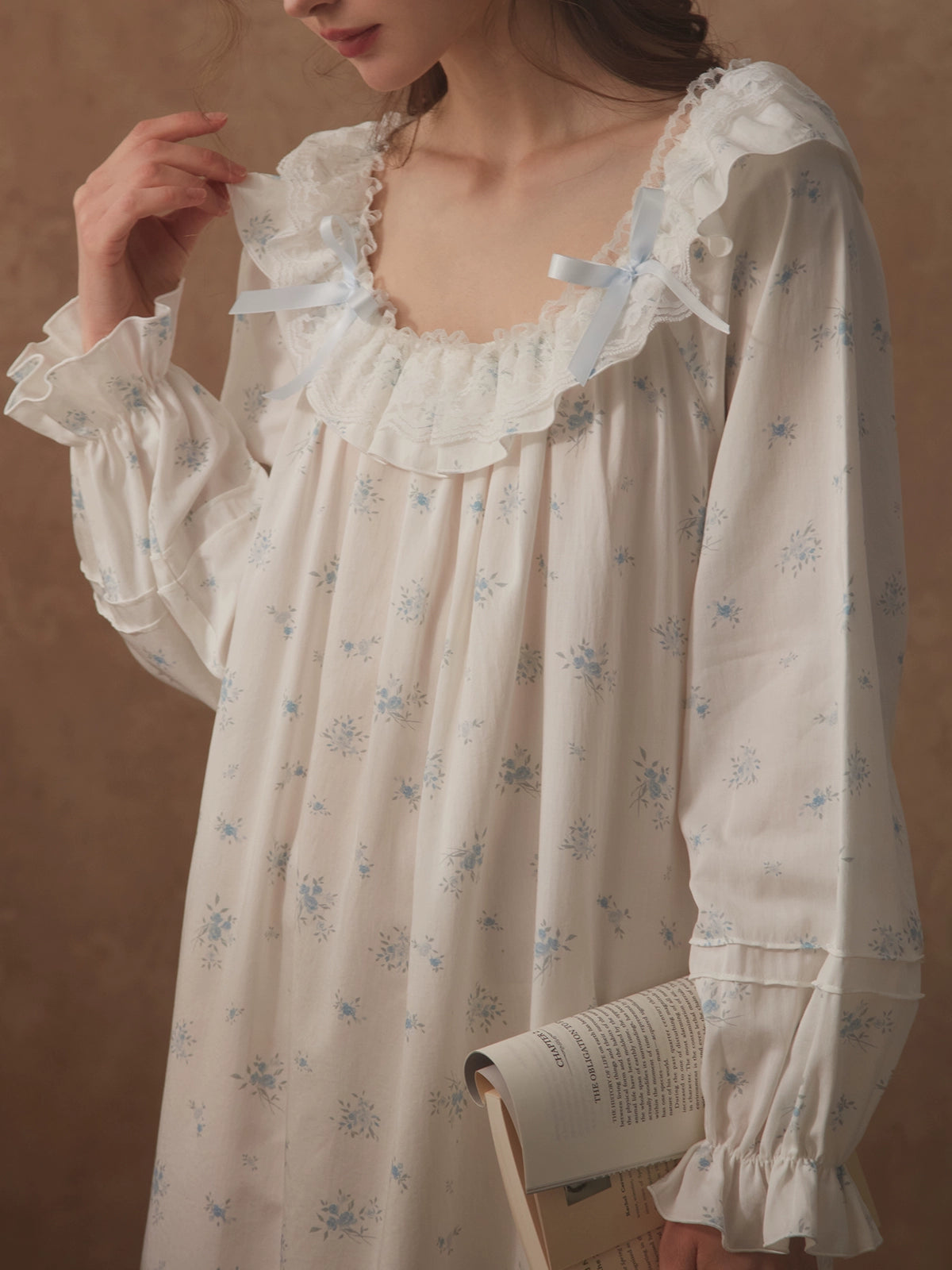 Blue Floral Square Neck Pajamas Gown Ruffled Collar Tuck Sleep Wear for Spring