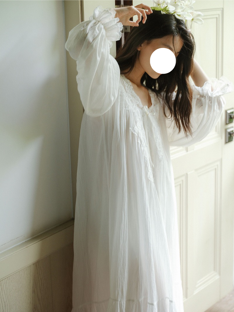 White Pajamas Gown V Neck Puff Sleeve Soft Sleep Wear for Spring Summer
