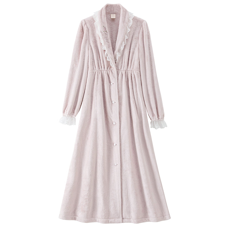 Pink Beige Lace Embroidery Robe Fleece Pajamas Warm Loungewear for Sleep Wear
