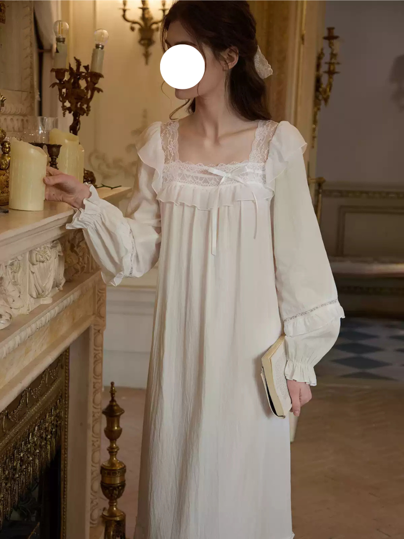 White Square Neck Ruffled Pajamas Gown Puff Sleeve Vintage Soft Sleep Wear