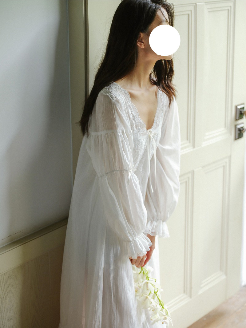 White Pajamas Gown V Neck Puff Sleeve Soft Sleep Wear for Spring Summer