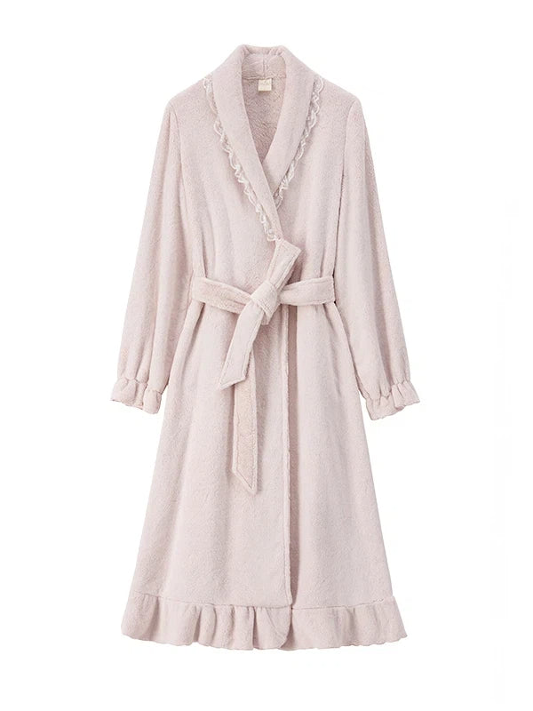 White Pink Ruffle Milk Fleece Robe Lantern Warm Loungewear for Winter