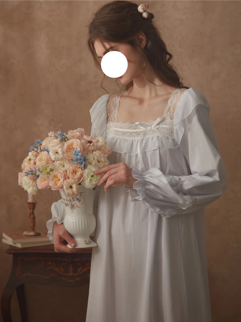 Blue Square Neck Ruffled Pajamas Gown Puff Sleeve Vintage Soft Sleep Wear