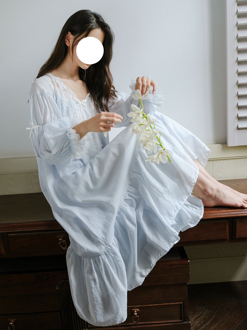 Light Blue Pajamas Gown V Neck Puff Sleeve Soft Sleep Wear for Spring Summer