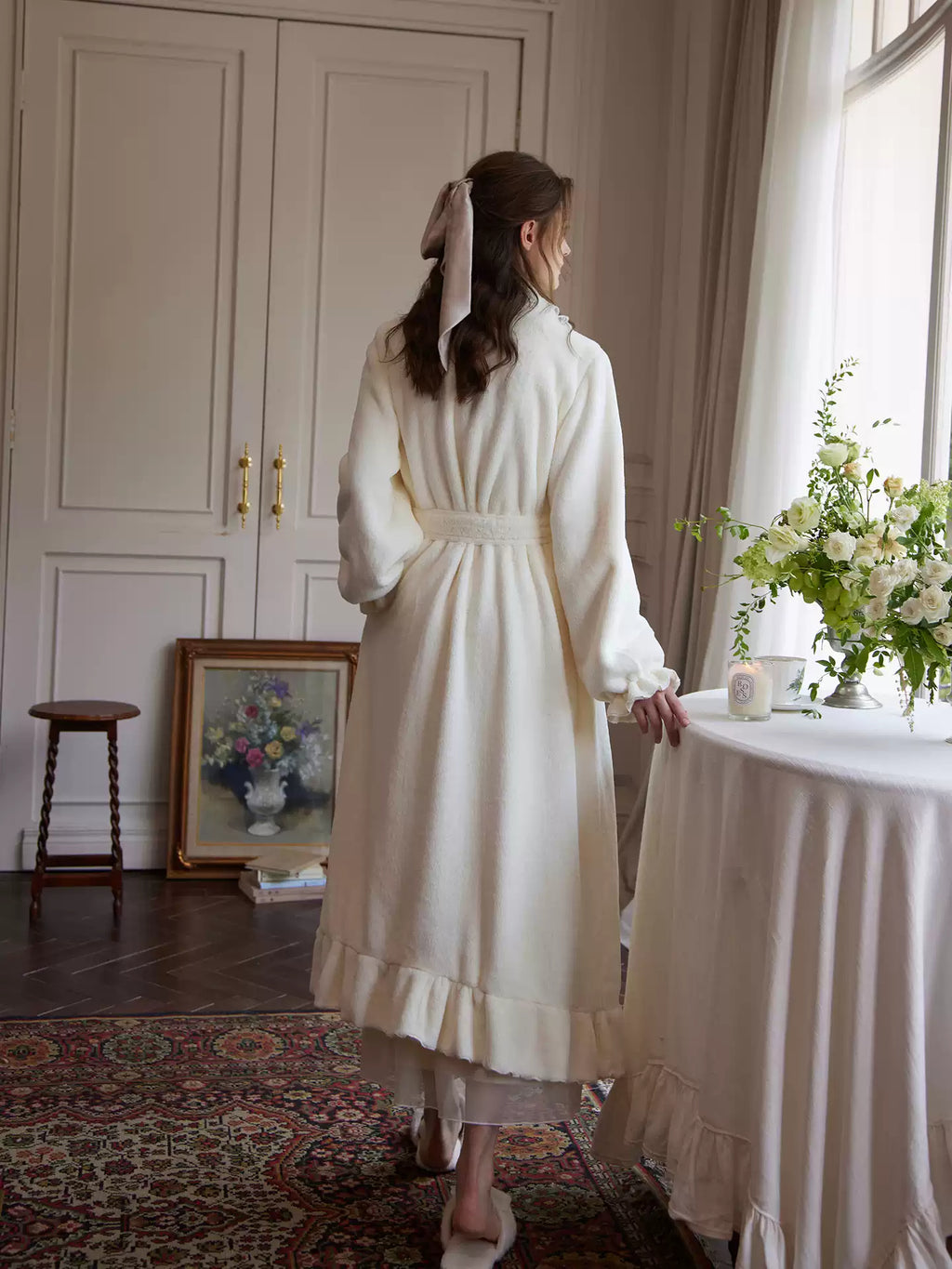 White Pink Ruffle Milk Fleece Robe Lantern Warm Loungewear for Winter