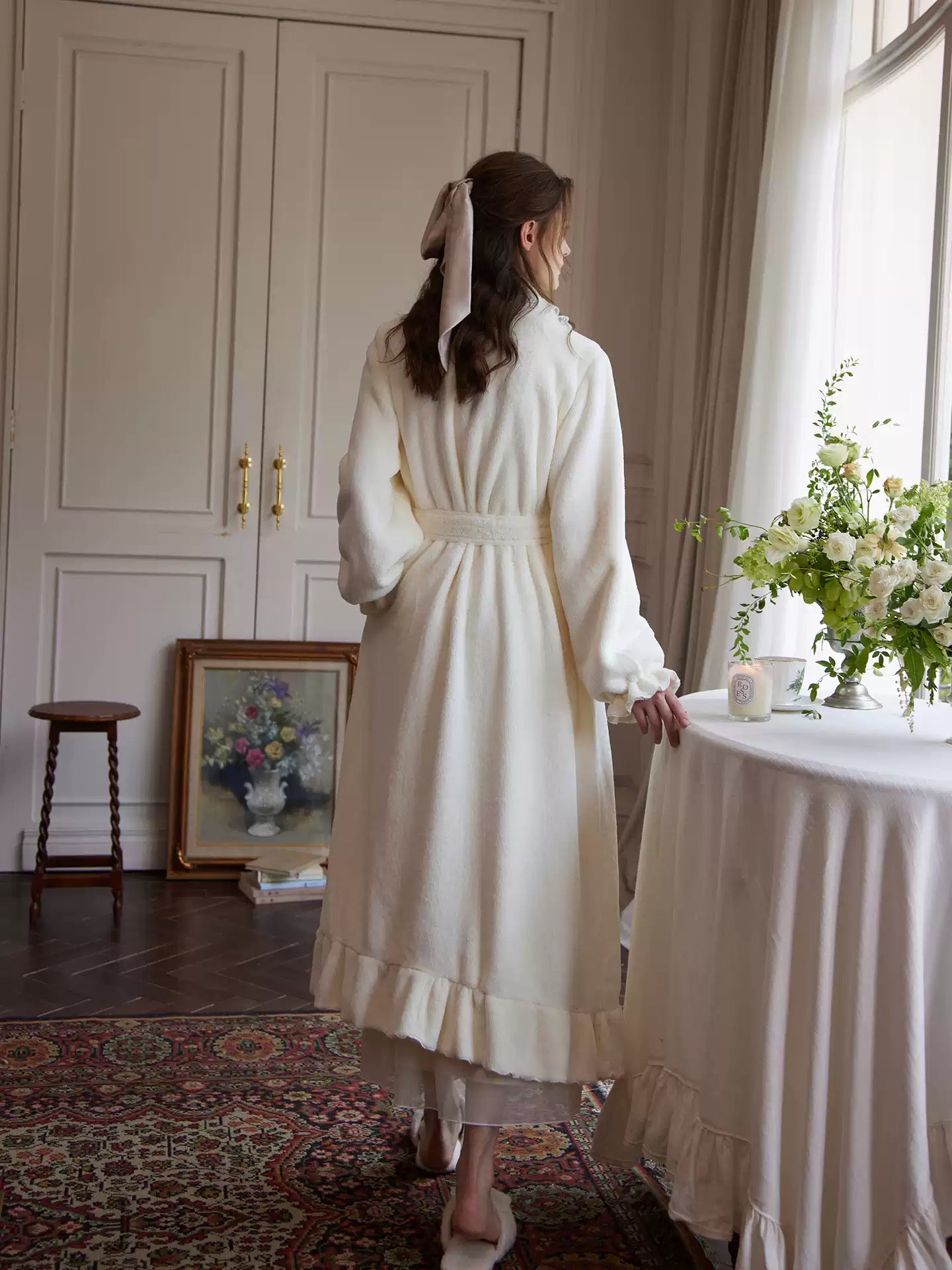 White Pink Ruffle Milk Fleece Robe Lantern Warm Loungewear for Winter