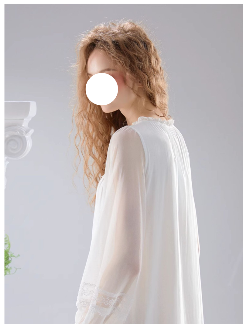 White French Round Neck Lace Pajamas Gown Bow Sheer Sleep Wear for Spring