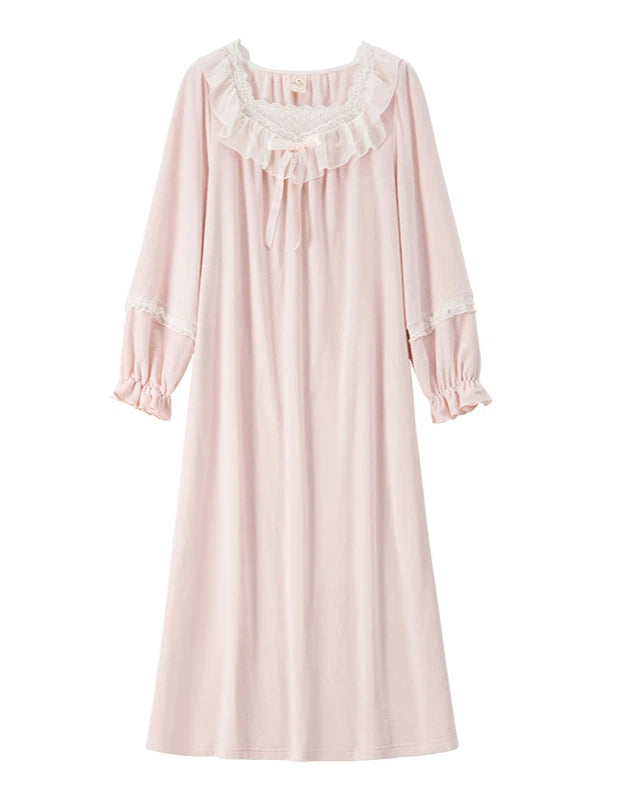 Apricot Pink Lantern Sleeve Fleece Pajamas Soft Warm Loungewear for Winter