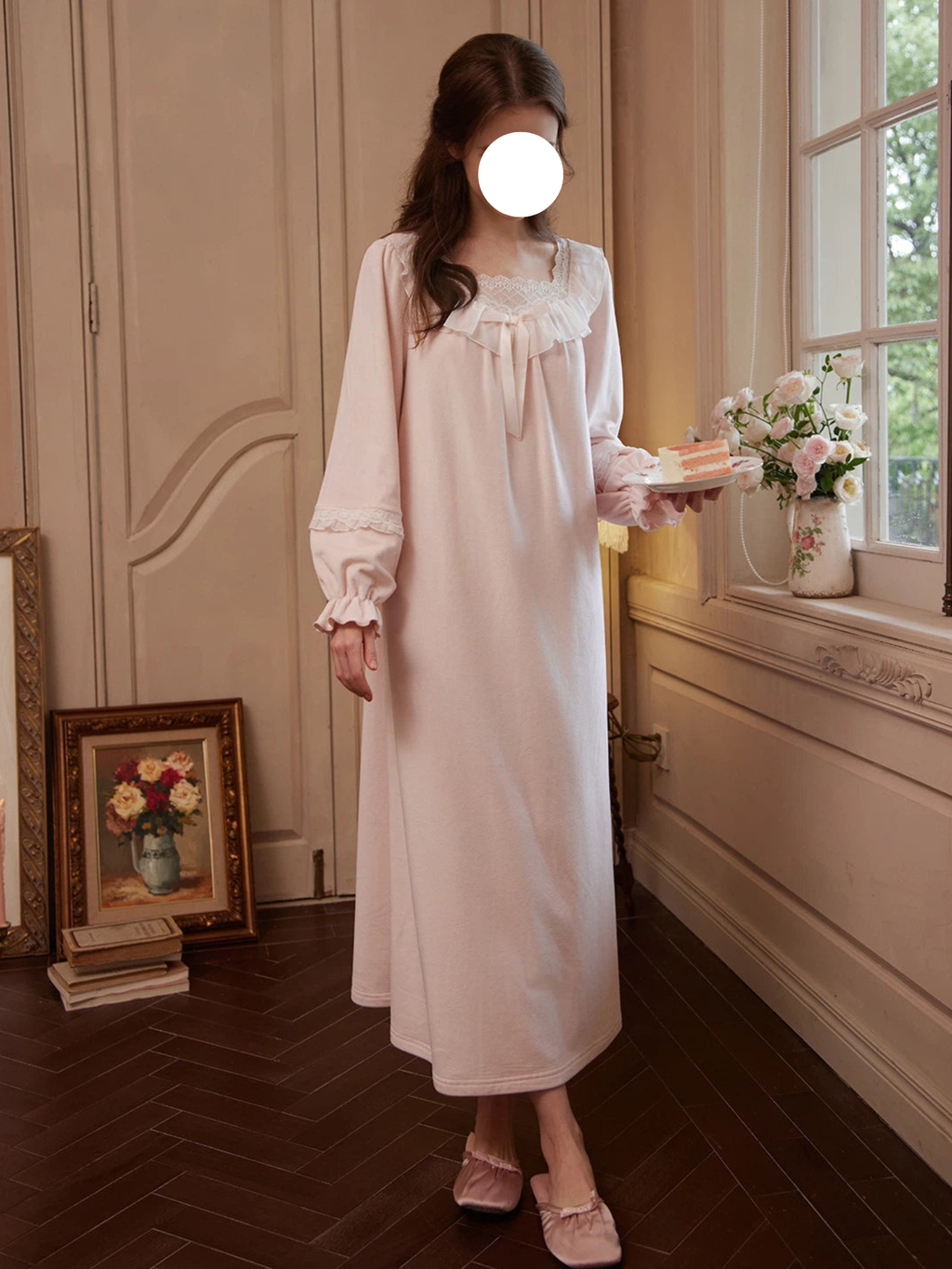 Apricot Pink Lantern Sleeve Fleece Pajamas Soft Warm Loungewear for Winter