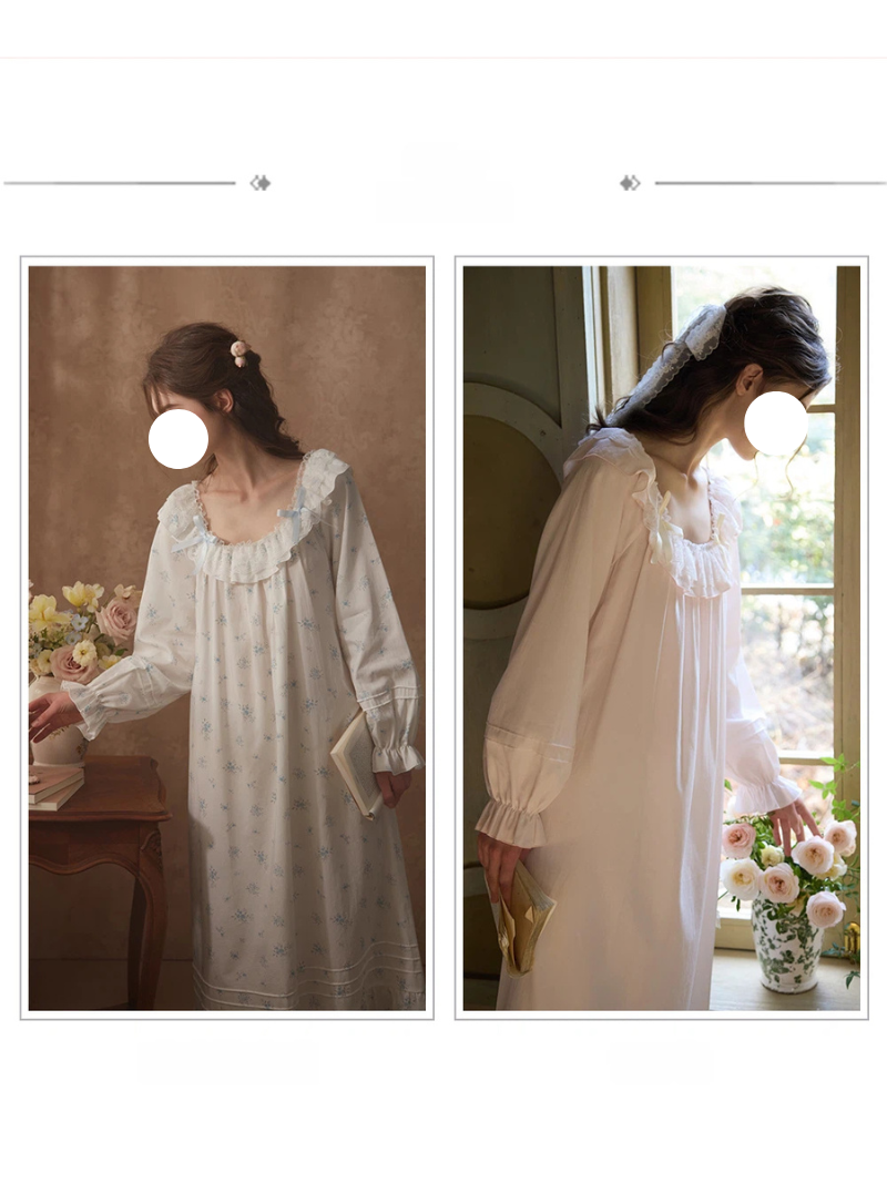 Blue Floral Square Neck Pajamas Gown Ruffled Collar Tuck Sleep Wear for Spring