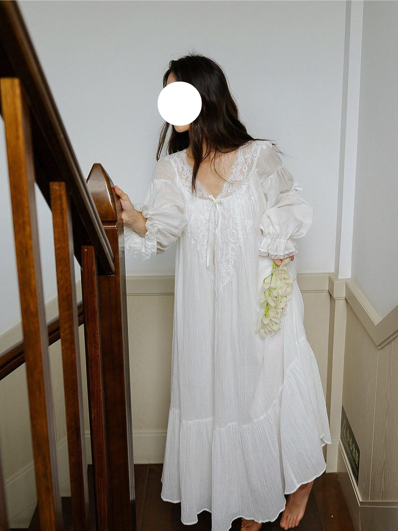 White Pajamas Gown V Neck Puff Sleeve Soft Sleep Wear for Spring Summer