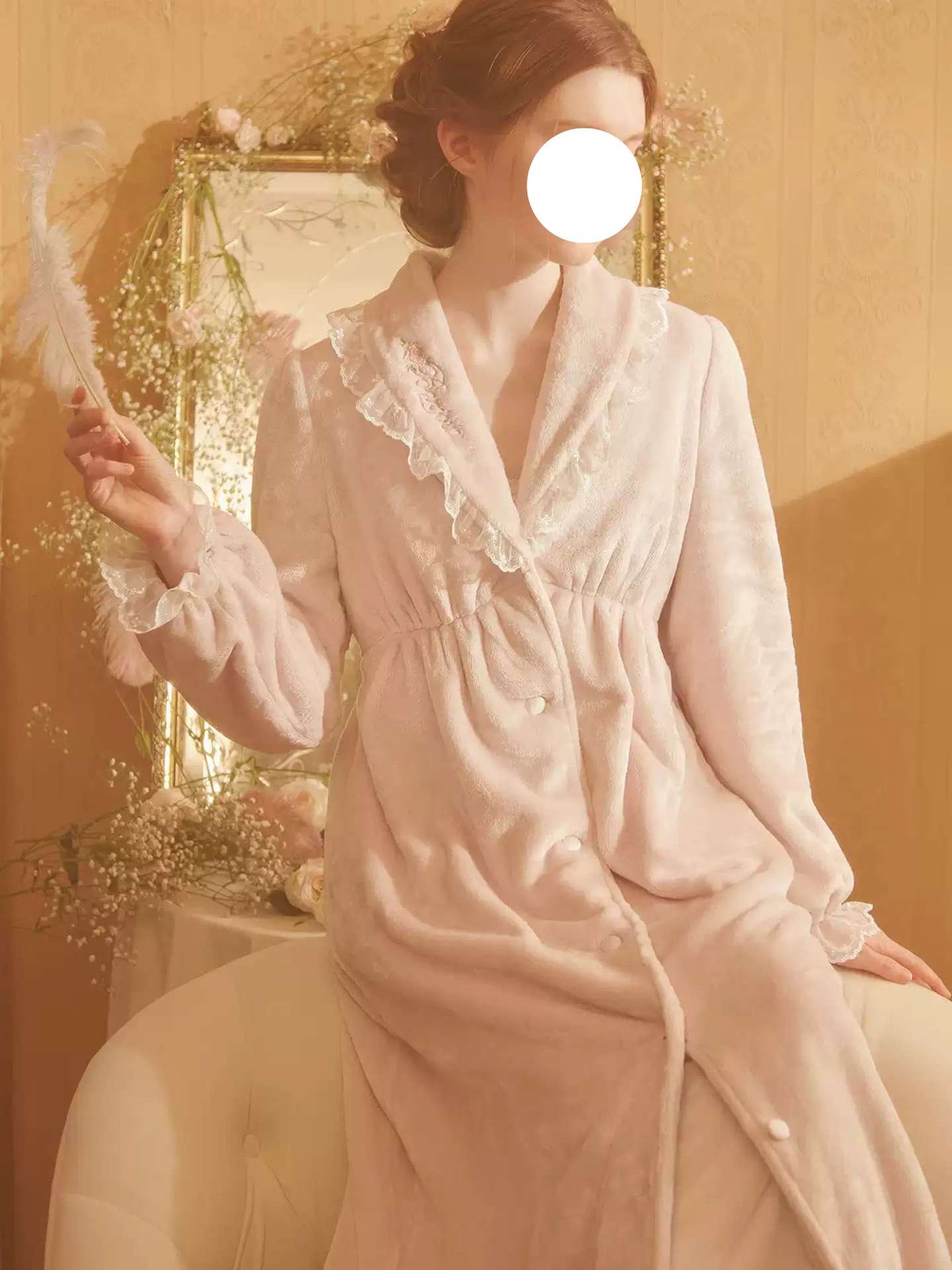 Pink Beige Lace Embroidery Robe Fleece Pajamas Warm Loungewear for Sleep Wear