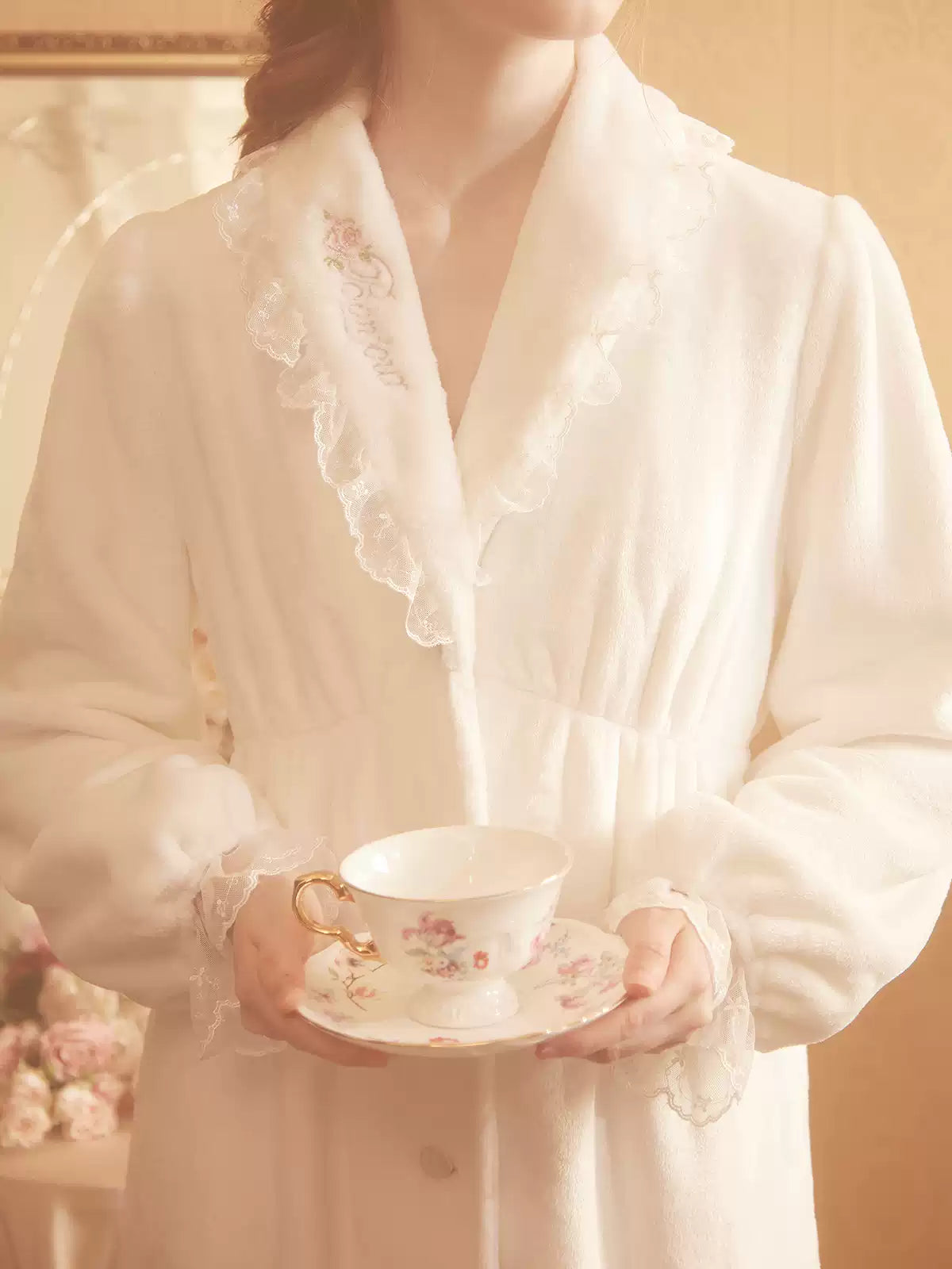 Pink Beige Lace Embroidery Robe Fleece Pajamas Warm Loungewear for Sleep Wear