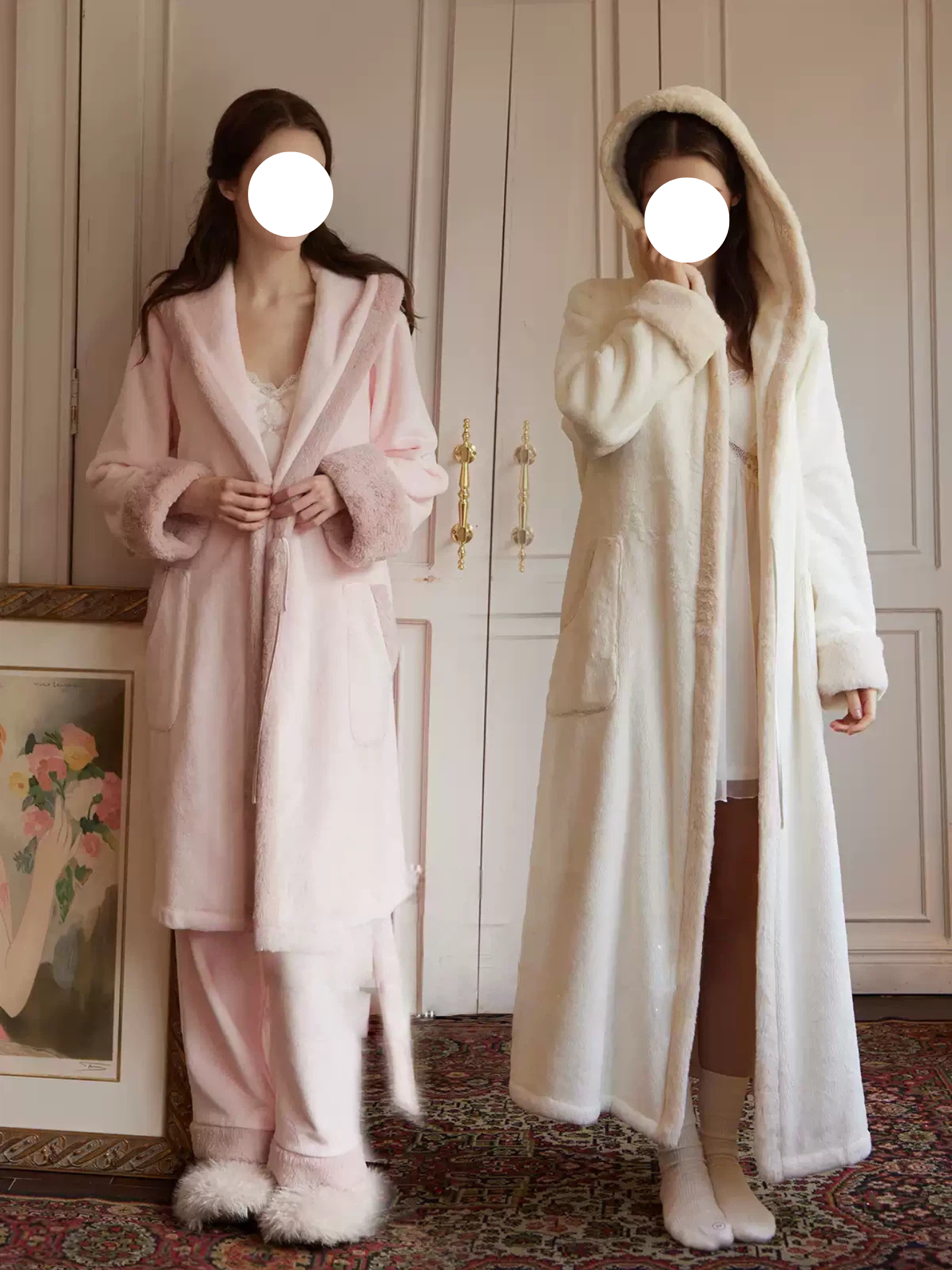 Pink Blue Lace Lapel Flannel Pajamas Robe Ruffled Hem Lantern Winter