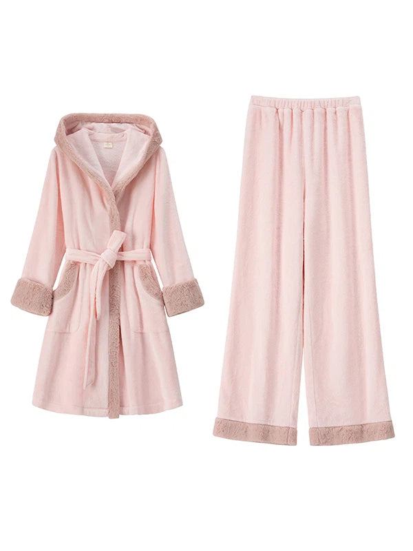 Pink Blue Lace Lapel Flannel Pajamas Robe Ruffled Hem Lantern Winter