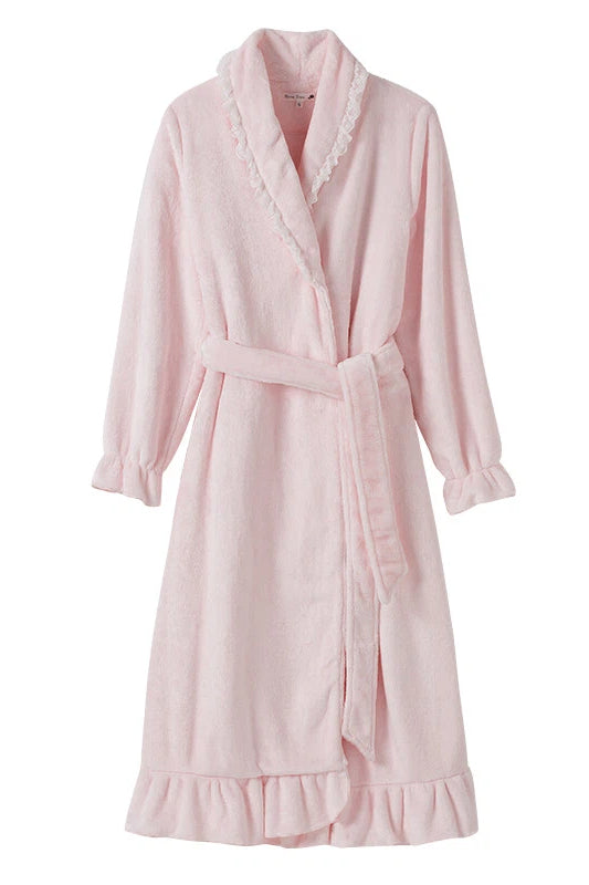 Pink Blue Lace Robe Pajamas Ruffled Hem Lantern Sleeve Winter Loungewear for Home