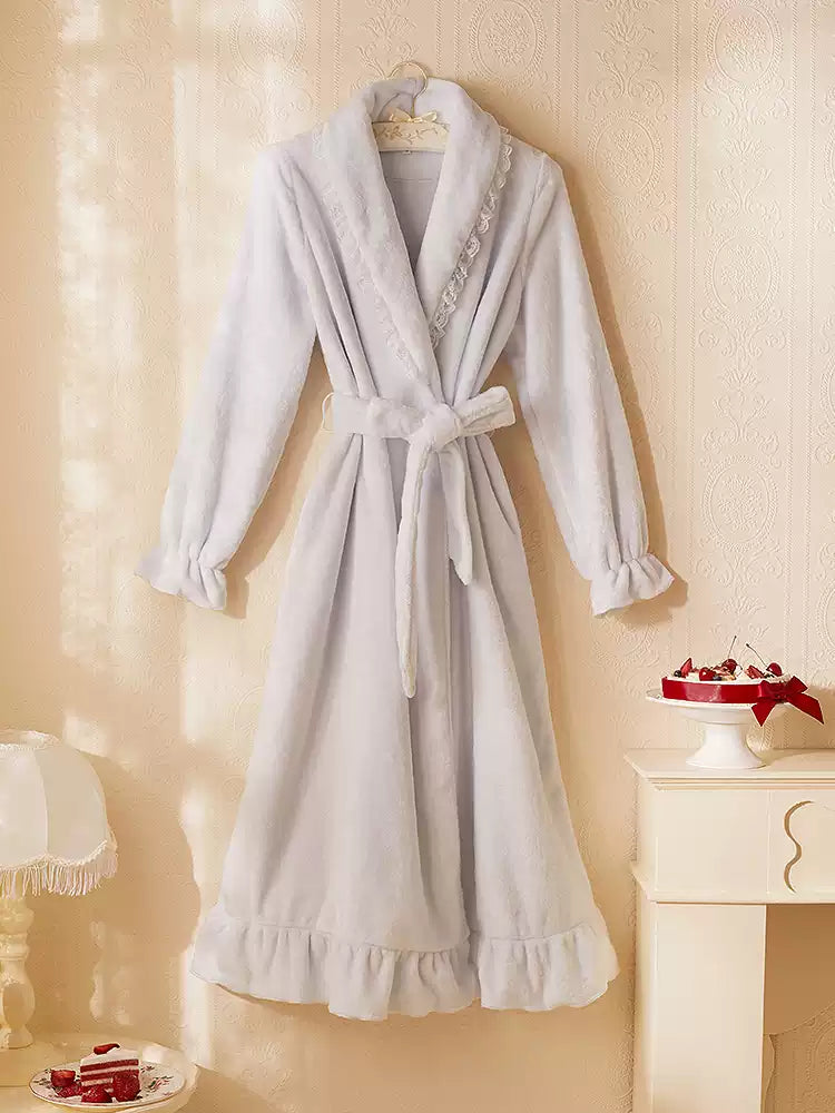 Pink Blue Lace Robe Pajamas Ruffled Hem Lantern Sleeve Winter Loungewear for Home