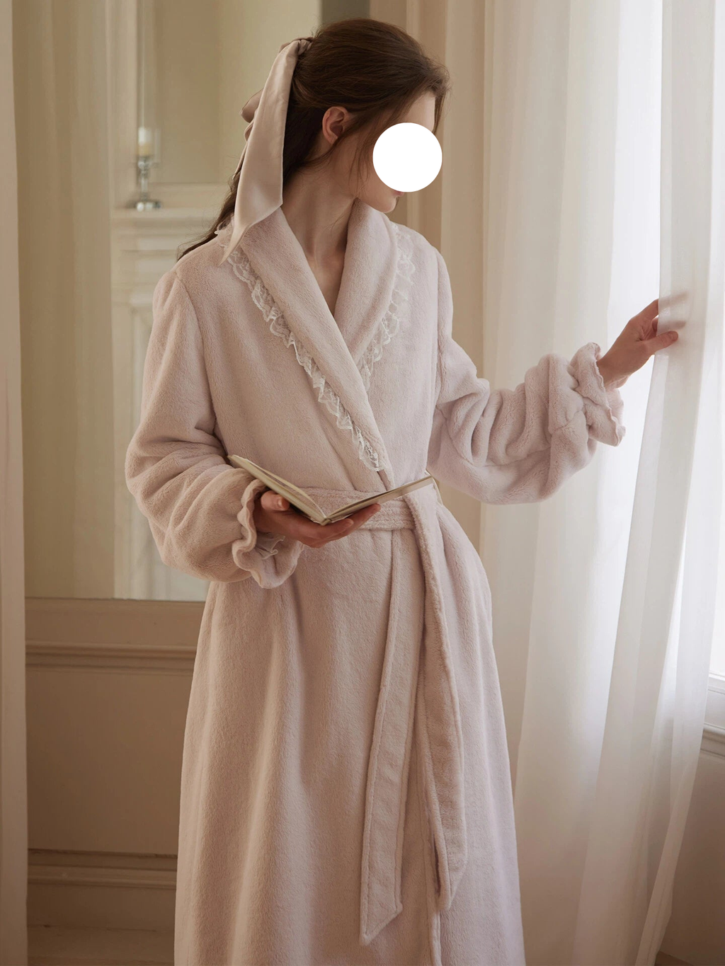 White Pink Ruffle Milk Fleece Robe Lantern Warm Loungewear for Winter